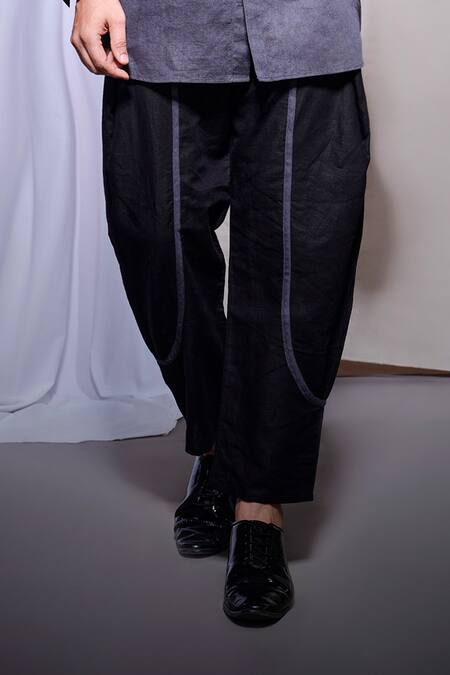 Echke_Gray Linen Piping Black Scuba Pallu Draped Shirt With Pant _Online_at_Aza_Fashions