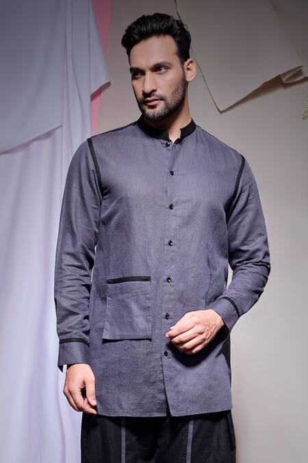 Buy_Echke_Gray Linen Piping Black Scuba Pallu Draped Shirt With Pant _Online_at_Aza_Fashions