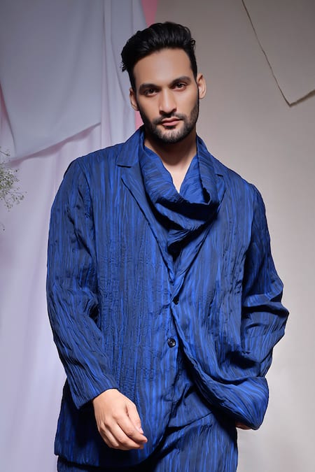 Buy_Echke_Blue Viscose, Rayon Textured Blazer With Narrow Pant _Online_at_Aza_Fashions