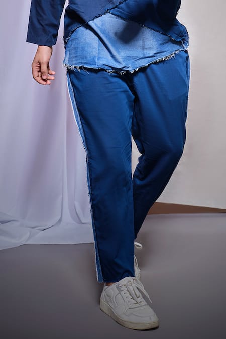 Echke_Blue Cotton Fringe, Patchwork Shirt With Pant _Online_at_Aza_Fashions