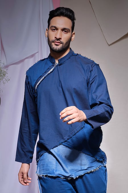 Buy_Echke_Blue Cotton Fringe, Patchwork Shirt With Pant _Online_at_Aza_Fashions