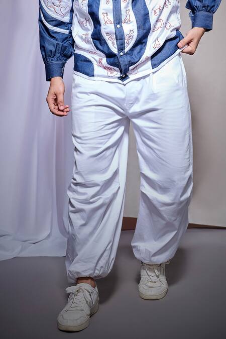 Echke_White Viscose, Rayon Embroidery Pearl Lyca Jacket With Jogger Pant _Online_at_Aza_Fashions