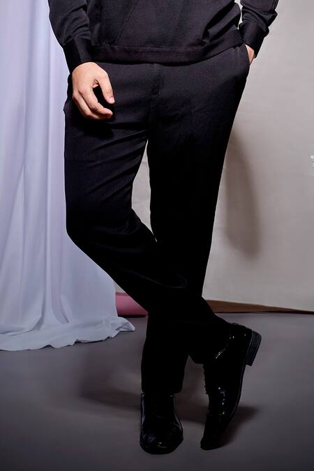 Echke_Black Viscose, Rayon Scuba Open Neck Jacket With Pant _Online_at_Aza_Fashions