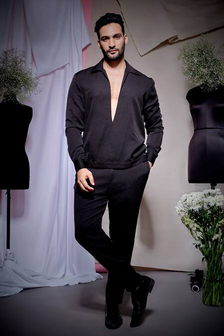 Echke Black Scuba Open Neck Jacket With Pant 