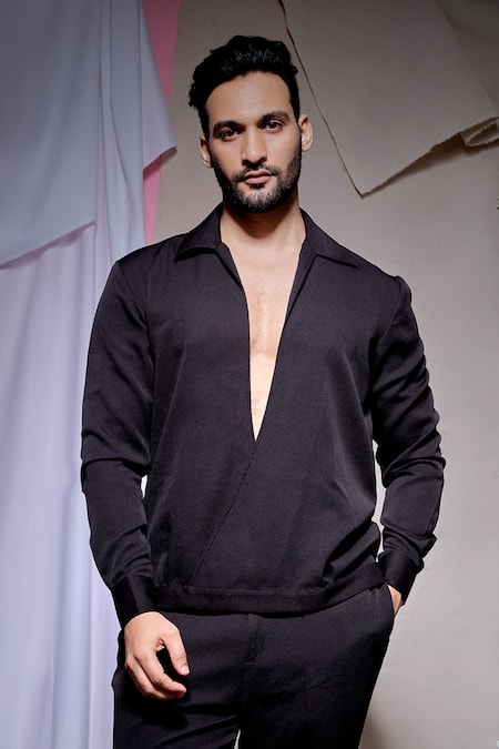 Buy_Echke_Black Viscose, Rayon Scuba Open Neck Jacket With Pant _Online_at_Aza_Fashions