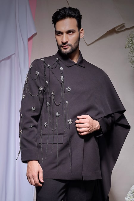 Buy_Echke_Black Viscose, Rayon Stones Draped Blazer With Pant _Online_at_Aza_Fashions