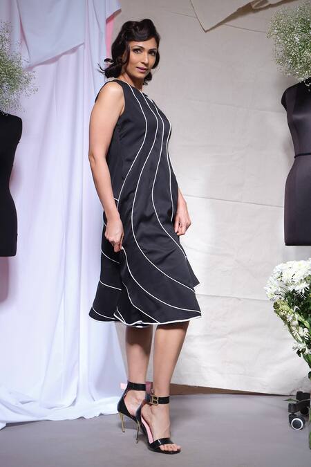 Echke_Black Viscose, Rayon Piping Round Neck Pipe Embellished Dress _Online_at_Aza_Fashions