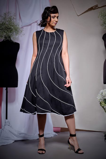 Shop_Echke_Black Viscose, Rayon Piping Round Neck Pipe Embellished Dress _Online_at_Aza_Fashions