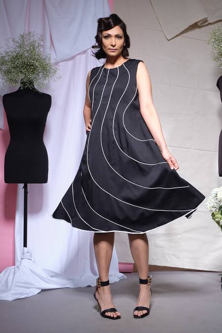 Echke_Black Viscose, Rayon Piping Round Neck Pipe Embellished Dress _at_Aza_Fashions