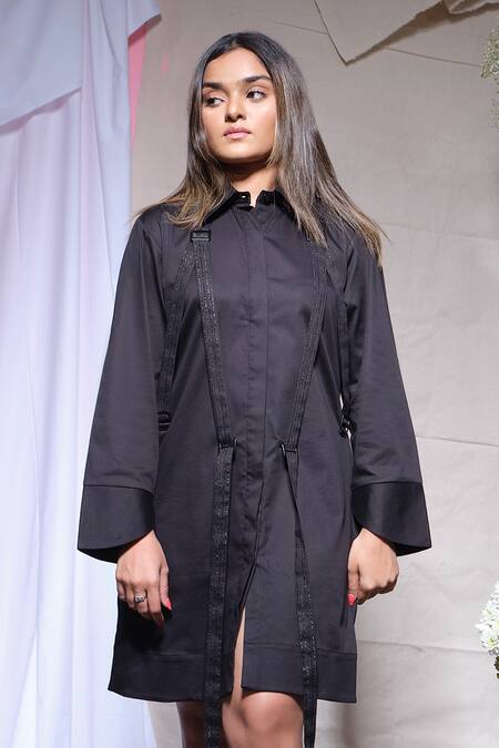 Echke_Black Lycra Collared Shirt Dress _Online_at_Aza_Fashions