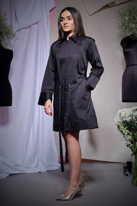 Shop_Echke_Black Lycra Collared Shirt Dress _Online_at_Aza_Fashions