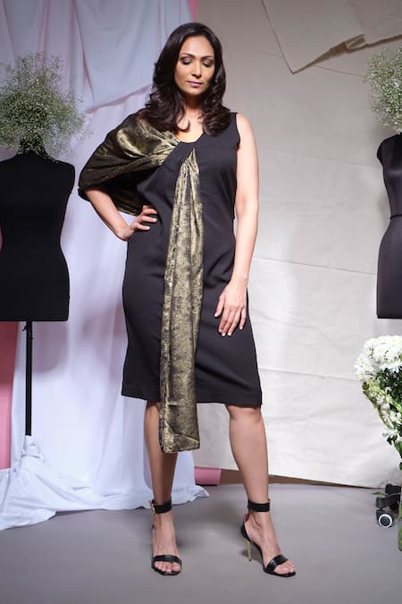 Echke_Black Viscose, Rayon Scoop Neck Metallic Draped Dress _Online_at_Aza_Fashions
