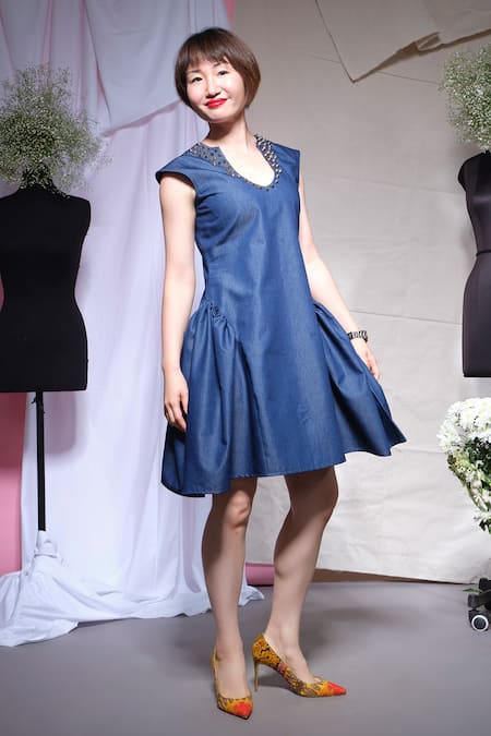 Buy_Echke_Blue Denim Studs V-neck Gathered Dress _Online_at_Aza_Fashions