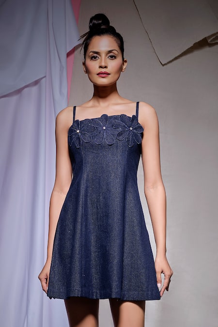 Buy_Echke_Blue Denim Applique Square Neck Dress _Online_at_Aza_Fashions