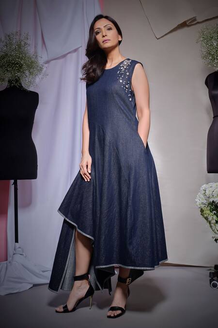Shop_Echke_Blue Denim Embroidery Round Neck A Line Dress _Online_at_Aza_Fashions