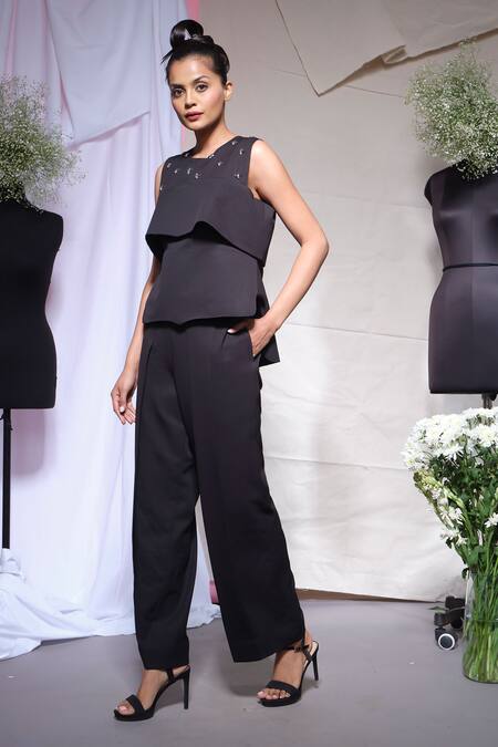 Echke_Black Stones Round Neck Scuba Peplum Top _Online_at_Aza_Fashions