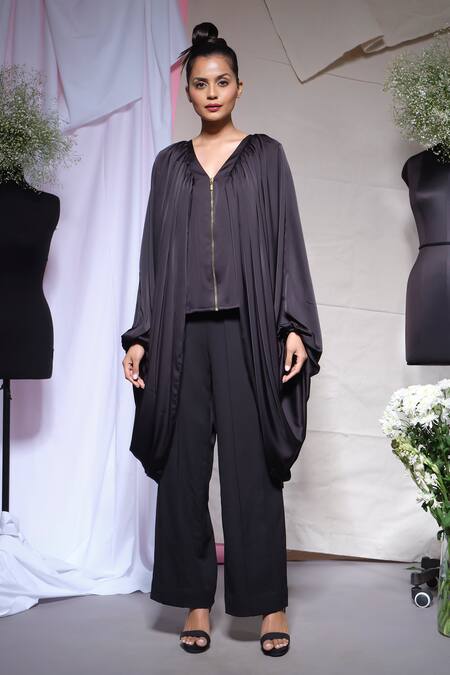 Shop_Echke_Black Satin V-neck Zara Zipper Top _Online_at_Aza_Fashions