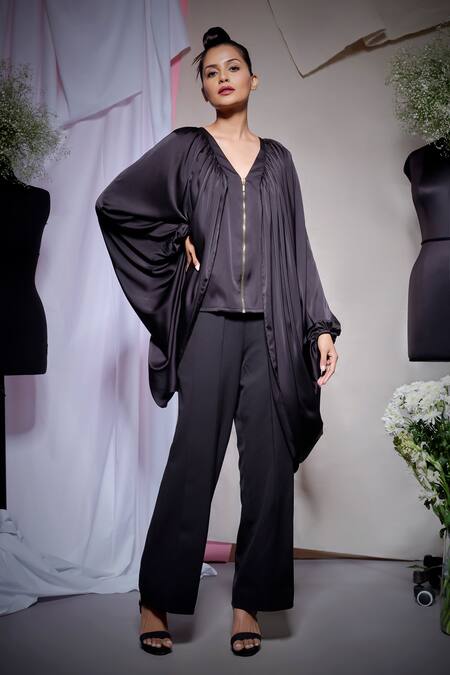 Echke_Black Satin V-neck Zara Zipper Top _at_Aza_Fashions