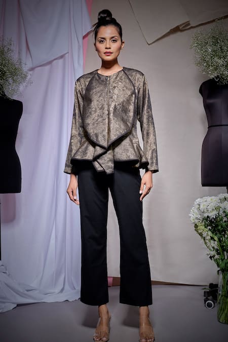 Buy_Echke_Gold Round Neck Black Peplum Top _Online_at_Aza_Fashions