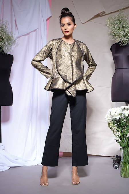 Shop_Echke_Gold Round Neck Black Peplum Top _Online_at_Aza_Fashions