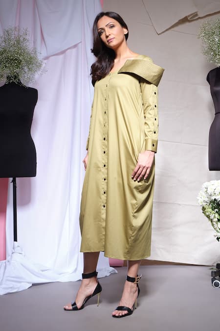 Echke Moss Green Long Shirt Dress 