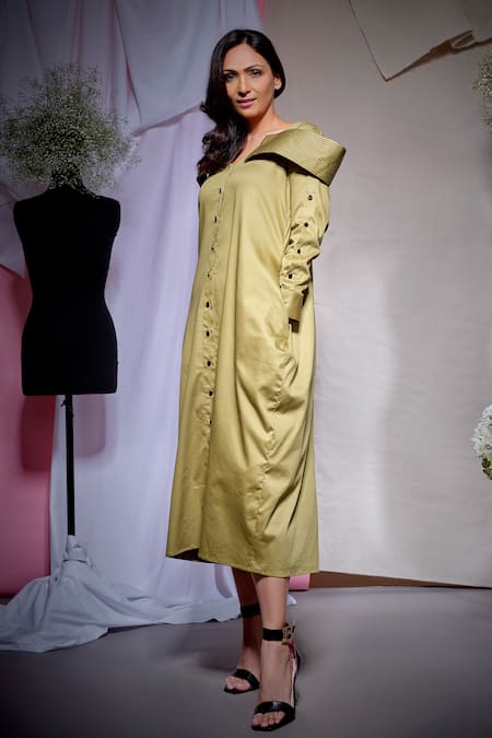 Echke_Olive Green Cotton, Canvas Off-shoulder Moss Long Shirt Dress _Online_at_Aza_Fashions