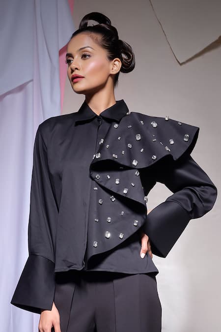 Echke_Black Cotton, Canvas Stones Collared Ruffle Shirt _Online_at_Aza_Fashions