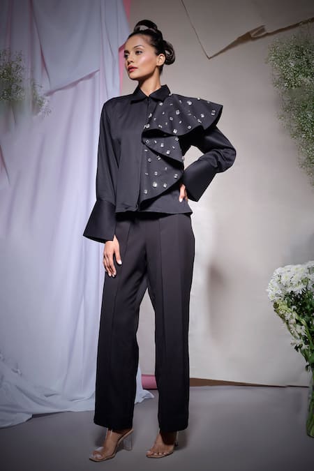 Buy_Echke_Black Cotton, Canvas Stones Collared Ruffle Shirt _Online_at_Aza_Fashions