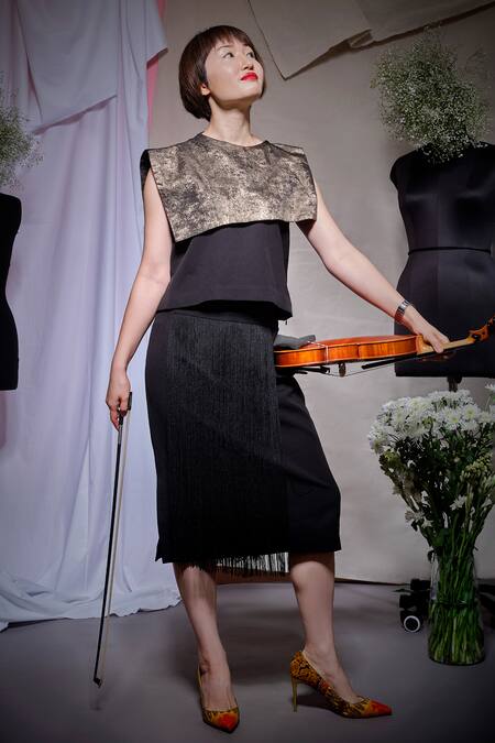 Shop_Echke_Black Viscose, Rayon Tassels Round Neck Grey Linen T Shirt With Skirt _Online_at_Aza_Fashions