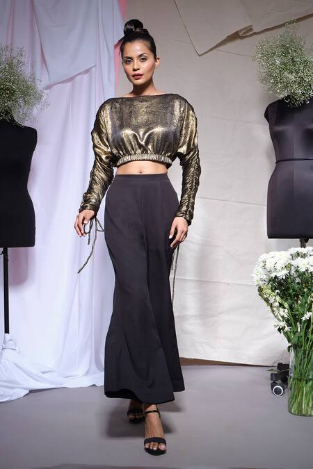 Shop_Echke_Gold Viscose, Rayon, Crepe Boat Neck Origami Crop Top With Pant _Online_at_Aza_Fashions