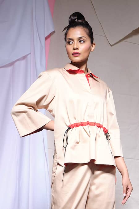 Echke_Beige Viscose, Rayon Collared Blue Zara Cotton Shirt With Pant _Online_at_Aza_Fashions