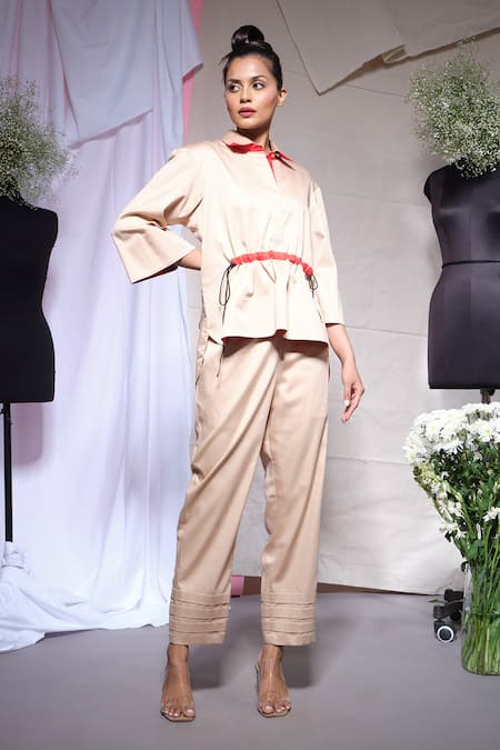 Echke_Beige Viscose, Rayon Collared Blue Zara Cotton Shirt With Pant _at_Aza_Fashions