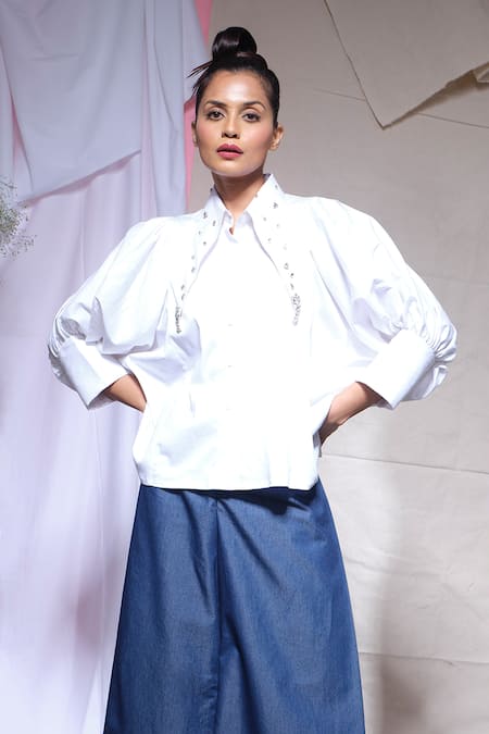 Echke_White Cotton, Denim Stones Collared Shirt With Pant _Online_at_Aza_Fashions