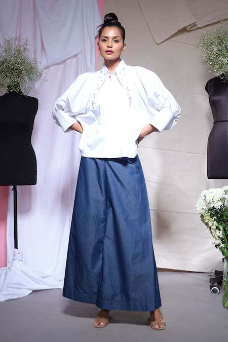 Buy_Echke_White Cotton, Denim Stones Collared Shirt With Pant _Online_at_Aza_Fashions