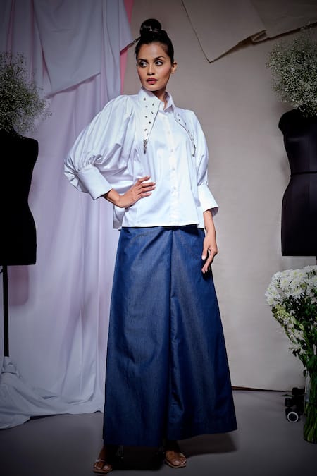Shop_Echke_White Cotton, Denim Stones Collared Shirt With Pant _Online_at_Aza_Fashions