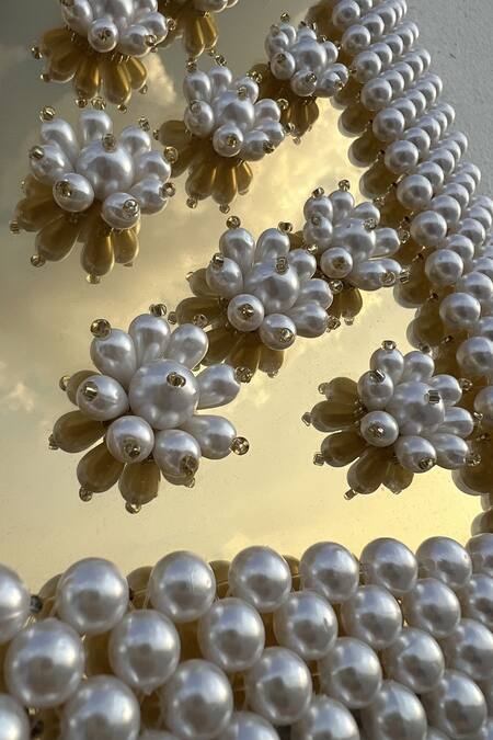 Rubilon_Gold Pearls And Frame Floral Handwoven Clutch _Online_at_Aza_Fashions