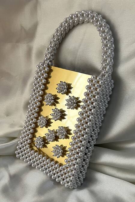 Shop_Rubilon_Gold Pearls And Frame Floral Handwoven Clutch _Online_at_Aza_Fashions