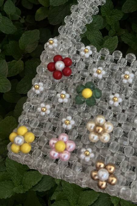 Rubilon_White Beads, Fabric Flowers, Pearls Blush Flora Handwoven Crystal Clutch _Online_at_Aza_Fashions