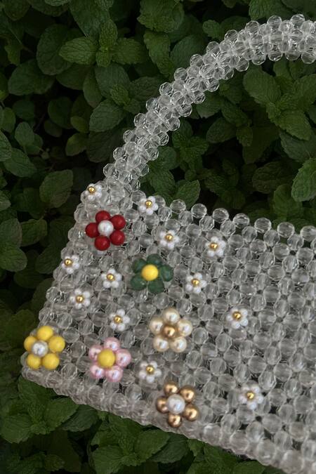 Buy_Rubilon_White Beads, Fabric Flowers, Pearls Blush Flora Handwoven Crystal Clutch _Online_at_Aza_Fashions