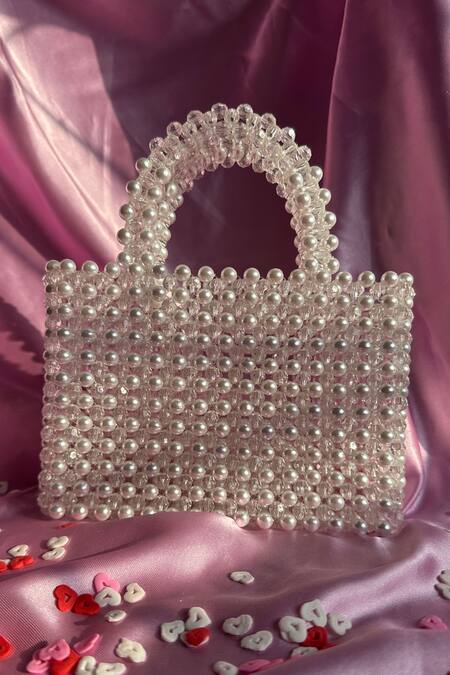 Rubilon_White Beads, Crystals Lexi Beaded Handwoven Acrylic Clutch _Online_at_Aza_Fashions