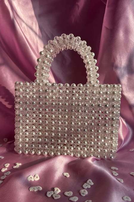 Rubilon Lexi White Beaded Handwoven Acrylic Crystals Clutch 