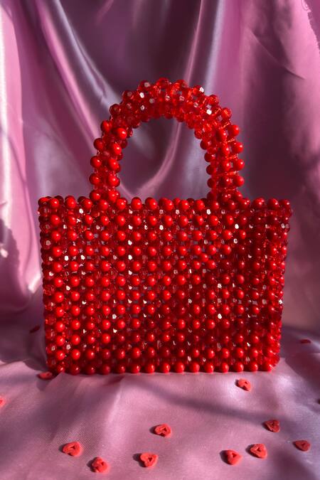 Rubilon_Red Beads, Crystals Lexi Beaded Handwoven Acrylic Clutch _Online_at_Aza_Fashions