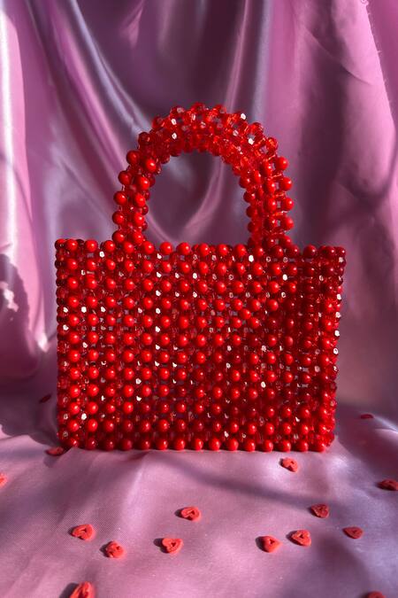 Buy_Rubilon_Red Beads, Crystals Lexi Beaded Handwoven Acrylic Clutch _Online_at_Aza_Fashions