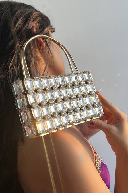 Shop_Rubilon_White Crystals, Rhinestones Aurora Embellished Clutch _Online_at_Aza_Fashions