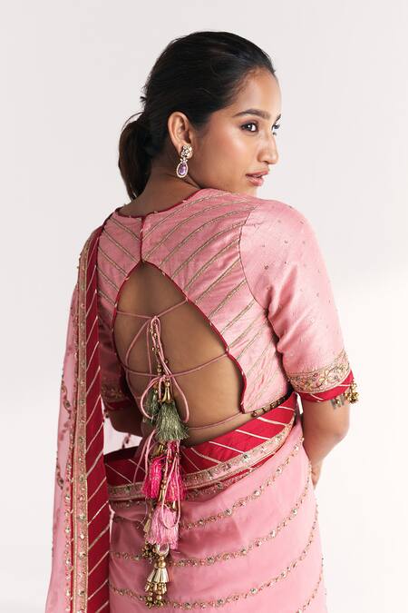 Shop Studio Bagechaa Pink Organza, Silk Embroidery, Sequins, Gota Mahek Light Saree With Blouse Online at Aza Fashions Shop_Studio Bagechaa_Pink Organza, Silk Embroidery, Sequins, Gota Mahek Light Saree With Blouse _Online_at_Aza_Fashions