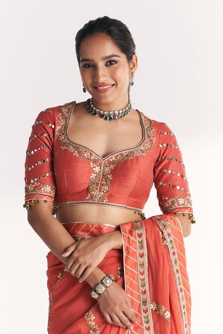 Buy_Studio Bagechaa_Orange Silk, Organza Mirrors, Embroidery, Rimjhim Tangerine Saree With Blouse _Online_at_Aza_Fashions