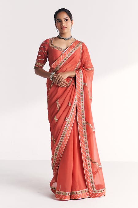 Studio Bagechaa Rimjhim Tangerine Embroidered Saree With Blouse 