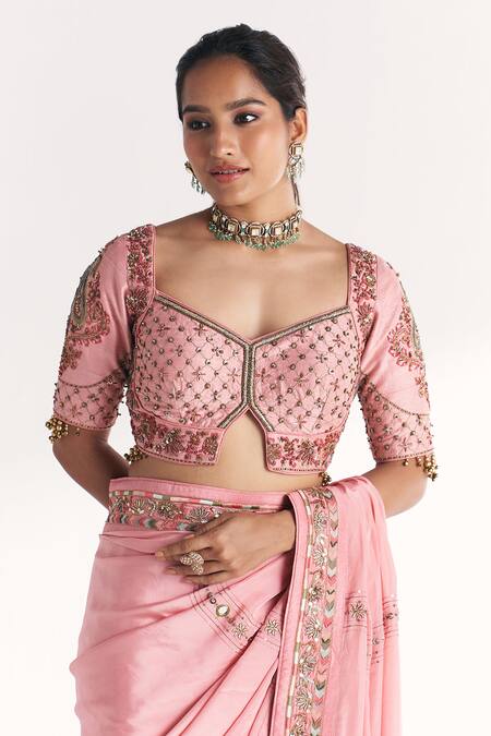 Studio Bagechaa_Pink Crepe, Shantoon Embroidery, Mirrors, Beads, Navya Light Saree With Blouse _Online_at_Aza_Fashions