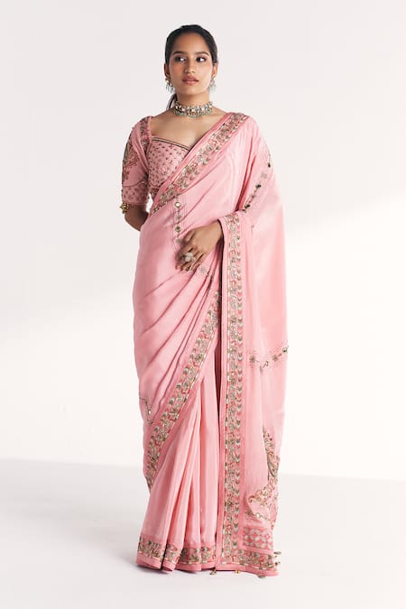 Studio Bagechaa Navya Light Pink Embroidered Saree With Blouse 