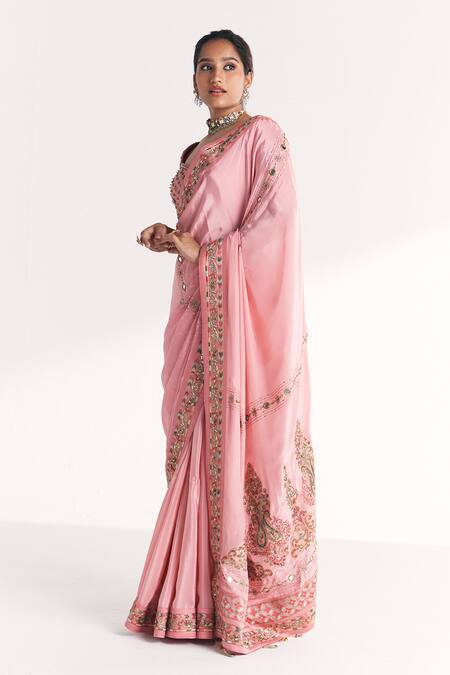 Buy_Studio Bagechaa_Pink Crepe, Shantoon Embroidery, Mirrors, Beads, Navya Light Saree With Blouse _Online_at_Aza_Fashions